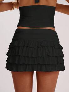 SHEIN BAE Women's Solid Color Minimalist Pleated Skirt, Everyday Wear,Black Skirt