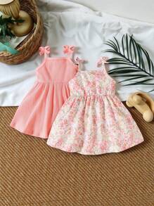 SHEIN Vintaside Kids 2pcs Baby Girls' Casual Spaghetti Strap Dress With All-Match And Cute Fun Printed Floral Patterns, Suitable For Spring/Summer, Perfect For Valentine's Day