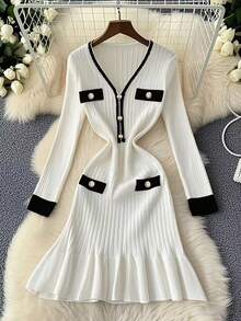 Franclia 全新复古法式拼色V领长袖针织修身中长连衣裙