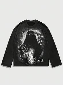 ROMWE MEN Street Life Men's Casual Printed Crew Neck Pullover Sweatshirt , Fall - Black - View 1