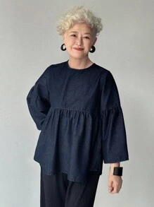 女士时尚休闲落肩牛仔衬衫 - 藍色 - 查看 3