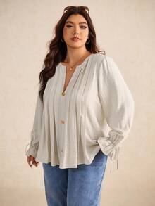 Elaquor 大码纯色 V 领落肩长袖纽扣前开襟衬衫