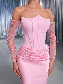 Glamrae Elegantes rosa Trägertop mit asymmetrischem Ausschnitt (abnehmbar) und wunderschönen Mesh-Pailletten, Langarm, Fischschwanz-Patchwork-Taille, plissierte Verzierung, glänzender Satin-Fischschwanz-Schleppe, geeignet für Date, Urlaub, Hochzeit und Veranstaltung, schweres Abendkleid (Herbst und Winter), Herbstkleider für Frauen