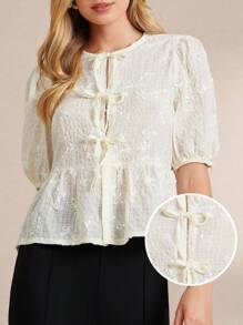 Amorya Women's Front Tie Puff Sleeve Cute Embroidery Vacation Elegant Blouse, Valentine's Day