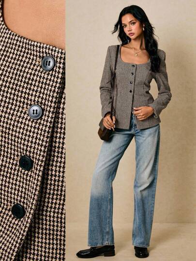 Poéselle 女式千鸟格方领纽扣西装外套 | 复古学院风定制夹克、方领西装外套、修身腰部西装外套、复古学院风夹克、低调奢华、老钱风格、定制西装外套上衣、女式纽扣衬衫、女士办公室、女式复古通勤格子前扣方领西装外套、女士秋季