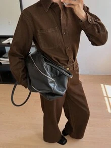 DAZY 女式长袖衬衫和宽松长裤两件套休闲牛仔套装 - 咖啡棕 - 查看 6