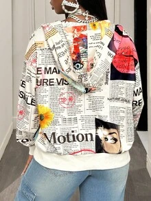 BamGleam Sudadera con capucha de mujer con estampado retro de periódico - Blanco y Negro - Ver 2