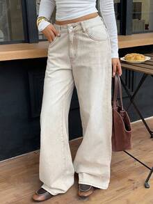 少女时尚休闲 Y2K 复古酷炫街头返校季学院风简约舒适都市卡其色宽松牛仔裤，适合少女日常穿着、秋冬季派对及街头服饰。