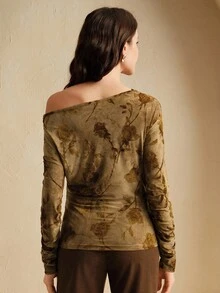 Anewsta Women's Long Sleeve Fashionable Asymmetrical Shoulder Tie-Dye Flocked Floral Top - Yellow - View 2