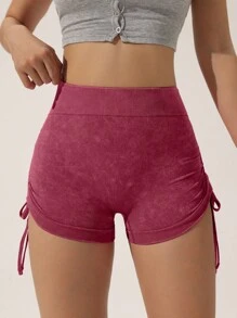 SHEIN Sports 女士无缝高弹力提臀拉绒运动短裤，带侧抽绳 - 酒紅色 - 查看 4
