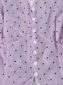 SHEIN Plus Size Women's Fashion Casual Lace Trim Button T-Shirt - Mauve Purple - View 3