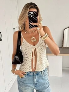 Siren Gaze Áo hai dây thắt nút đính sequin thời trang nữ mùa thu, áo kiểu casual, áo đi học, áo đi chơi, áo dễ thương mùa thu, áo sinh nhật cho nữ, trang phục phương Tây, áo casual mùa hè cho nữ. - Màu be - Xem 7