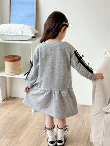 Genkimix Kids Váy công chúa trang trí nơ tay dài thanh lịch cho bé gái - Xám - Xem 2