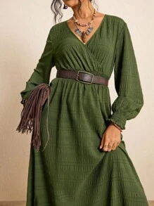 Freevana Plus Size Fall Clothes All Over Print Shirred Leopard Long Sleeve Dress/Fall Dresses/Fall Women Outfits Fall Wedding Guest Dress Elegant Women Dresses Business Casual Woman Work Dress Business Dress Fall Wedding Guest Dress Business Casual Woman Fall Clothes For Women Winter Clothes Office Outfits For Women Chic Winter Business Winter Party Fall Halloween Christmas - Army Green - View 2