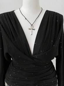 Sunspun Plus Size Women's Autumn/Winter Plunging Neck Sequin Bling Bling Black Elegant Vintage Cute Casual Chic Fitted Blouse Fall Cloth For Women - Black - View 5