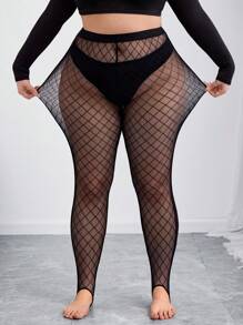 SHEIN CURVE+ Plus Size Black Thin Mesh See-Through Leggings, Fashion Leggings, Rave Festival, Casual Daily Wear, Holiday Party Wear, Winter Plus Size Fishnet Tights/Autumn /Winter - Black - View 5