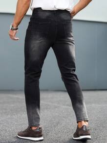 Manfinity Homme 男士街头时尚休闲破洞紧身黑色牛仔裤，emo 风格 - 黑色 - 查看 2