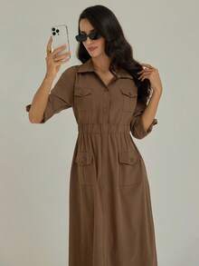 Modelyn 纯色纽扣前半襟收腰口袋翻盖连衣裙，女士休闲口袋七分袖领口常规版型长款卡其色粘胶卷袖纯色衬衫女式长裙，春/秋，休闲日常穿着超长女装 - 咖啡棕 - 查看 6
