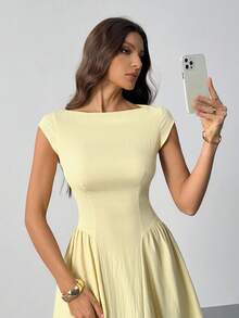 SHEIN Tall 女士优雅纯色束腰长裙，夏季 - 黃色 - 查看 5
