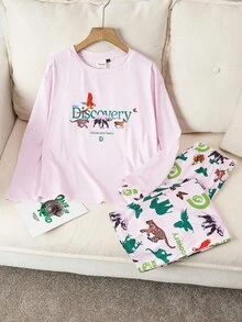 Discovery X SHEIN Women's Casual Animal Print Long Sleeve Top And Pants Pajama Set, Autumn, Fall Clothes - Baby Pink - View 1