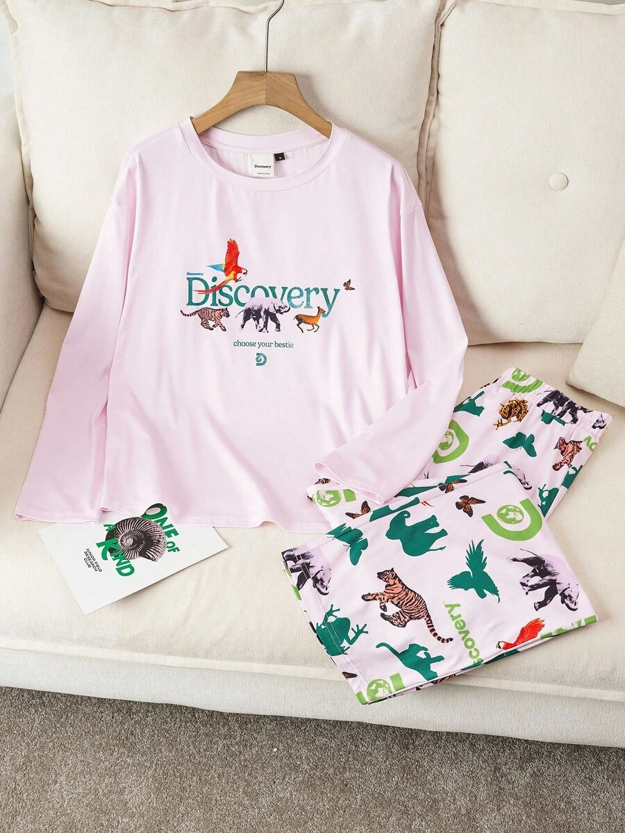 Discovery X SHEIN Women's Casual Animal Print Long Sleeve Top And Pants Pajama Set, Autumn, Fall Clothes - Baby Pink - View 1