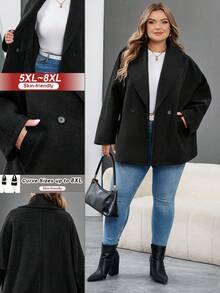 SHEIN CURVE+ Abrigo negro elegante con solapa para mujer de talla grande, de manga larga y versátil, adecuado para otoño/invierno - Negro - Ver 1