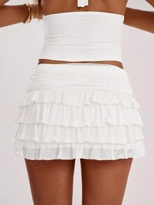 SHEIN BAE Women's Solid Color Ruched Waist Layered Ruffle Hem Fashionable Short Skirt