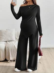 SHEIN 2pcs Maternity Casual Solid Asymmetric Top And Pants Set Pregnant Two Piece Set Black Maternity Two Piece Set Maternity Clothes Two Piece Set Maternity Two Piece Outfit Pregnancy Outfits - Black - View 5