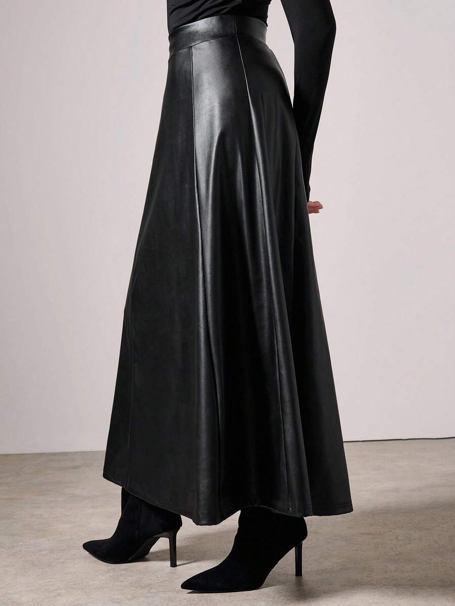 COSMINA 女士优雅长款PU皮裙，秋冬 - 黑色 - 查看 1