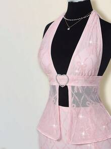 SHEIN ICON 女式蝴蝶结刺绣亮片两件套，心形水钻纽扣短款上衣和紧身裙，性感又 - 粉色 - 查看 10