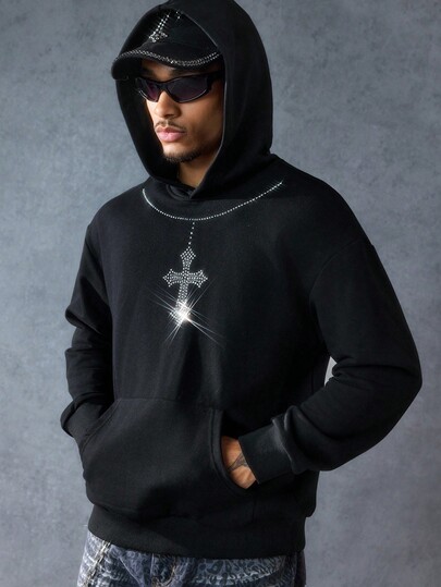 Goth Men's Black Rhinestone Cross Pattern Long Sleeve Hooded Sweatshirt With Pocket, Casual Hoodie