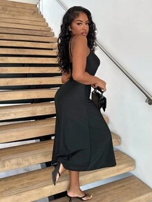 Alexandranx Elegant Solid Color Waisted Ruching Flared Hem Cami Dress,Summer Dresses For Women,Tea Party Dress - Black - View 5