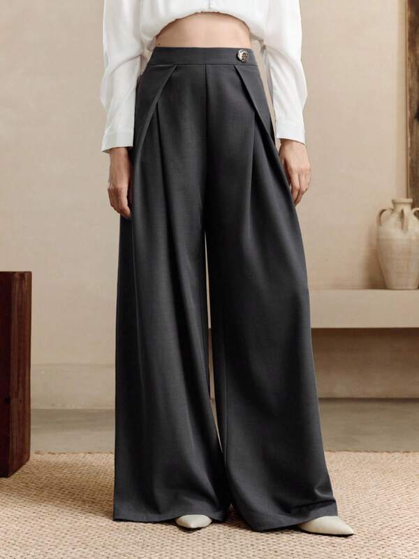 Arave Women's Loose Wide-Leg Pants With Metal Waist Trim And Symmetrical Structure. Suitable For Everyday Casual Commuting And Work. Gray Wide-Leg Pants.Teacher Outfits For Women, Fall Clothes For Women