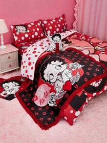 Betty Boop x SHEIN 波点爱心图案被套套装，温暖柔软，多种尺寸可选，三件套，礼品之选，派对、节日、情人节适用 - 彩色 - 查看 4