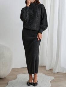 EURMUSE 粗针织高领毛衣和舒适纯色长款针织裙两件套，适合秋冬女装 - 灰色 - 查看 7