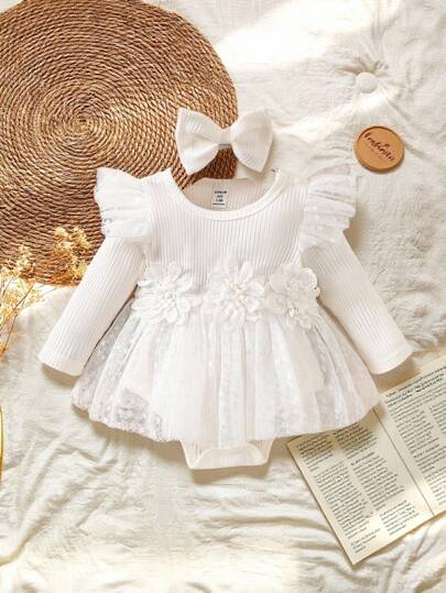 SHEIN Vintaside Kids Baby Girl's Party Sheer Floral Layered Ruffled Collar Long Sleeve Dress With Headband (Detachable), For Party, Casual, Spring And Autumn