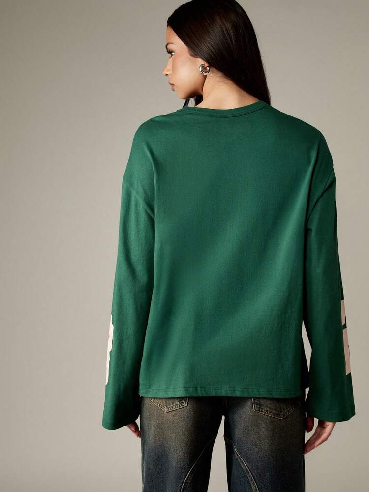 MISSGUIDED Retro Style Varsity Sports Long Sleeve Cotton T Shirt Classic Athletic Number Graphics Letter Print Casual Fall Winter Top