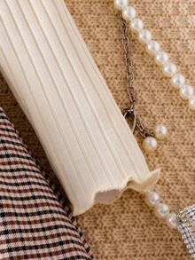 Genkimix Kids 年轻女孩秋冬针织罗纹长袖上衣和格子下摆梭织连衣裙，休闲优雅 - 杏色 - 查看 4