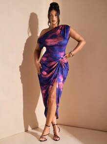 SHEIN BAE 大码女装秋冬时尚优雅约会派对黑色弹力针织舒适褶饰细节垂坠连衣裙不对称下摆开衩中长连衣裙、毕业礼服、女士生日礼服、开衩拼色扎染印花连衣裙、婚礼宾客礼服 - 紫色 - 查看 5