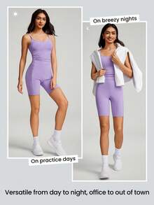 GLOWMODE 6" FeatherFit™ Peekaboo Pleated Adjustable Romper Bodysuit With Built-In Underwear Light Support Low Impact Yoga Pilates Studio Summer - Mauve Purple - View 9