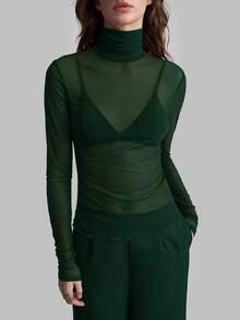 Ontre Stockholm Style, Women's Teacher Outfit, Autumn Clothing, High Collar Turtleneck Knit Top, Elegant Autumn/Winter Blouse, Mesh Long Sleeve Shirt, Business Casual Women's Basic Top - Dark Green - View 3
