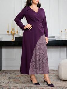 Modelyn Plus Size Women Elegant Fitted Mesh Patchwork Long Sleeve Dress Fall Cloth For Women - Purple - View 3
