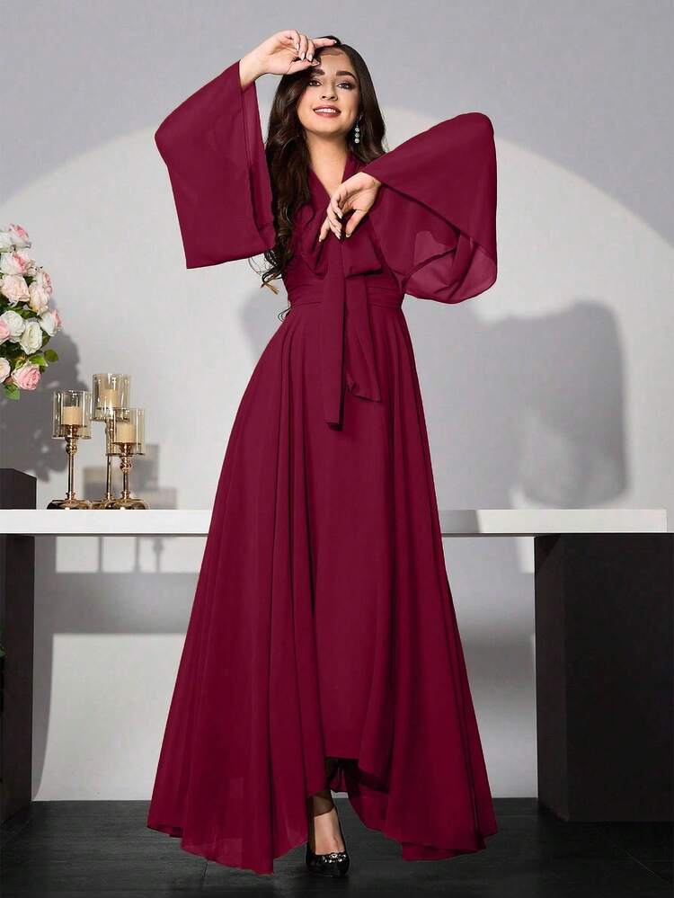 Modelyn Vestido de mujer de unicolor con cuello de nudo, mangas acampanadas y cintura ceñida - Burdeos - Añade 4