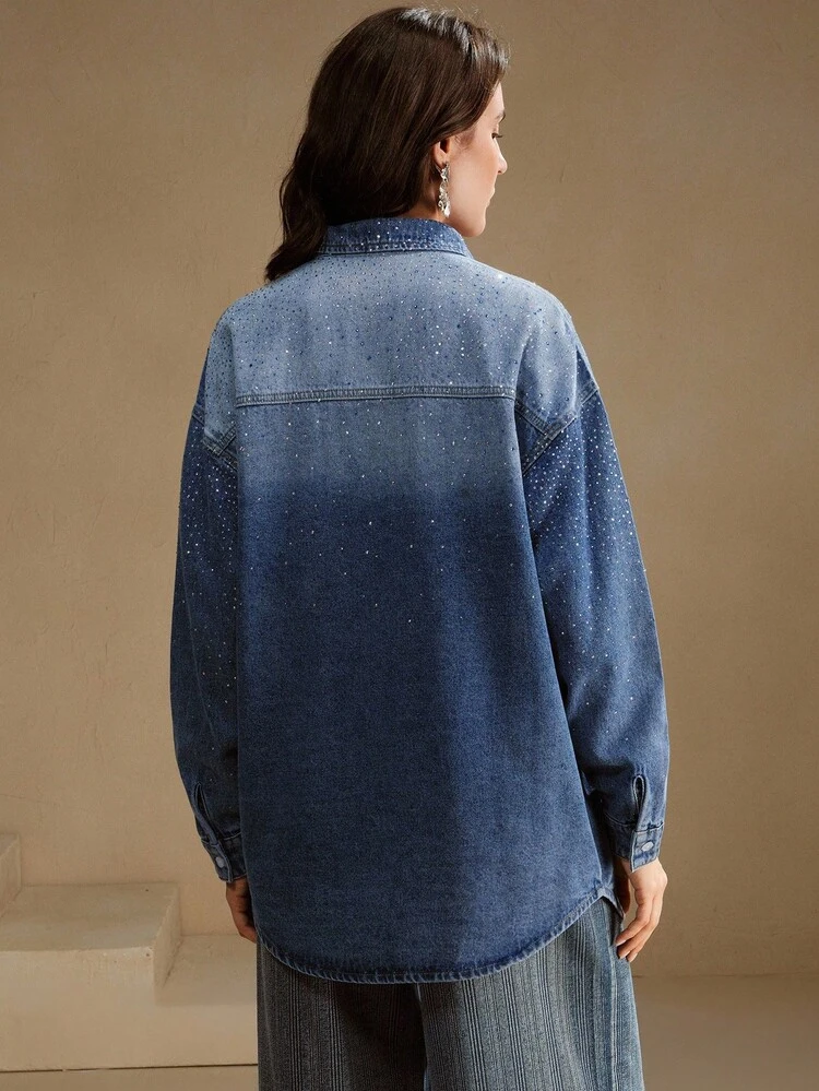 Elegant Rhinestone Embellished Blue Denim Blouse, Suitable For Fall, Winter, New Year, Elegant, Chic, Stylish, Christmas, Going Out