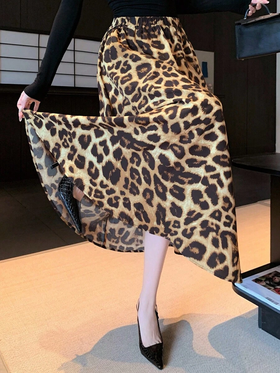 DAZY Gonna a-line casual da donna, stampa leopardata autunnale - Caffè Marrone - Visualizzare 1