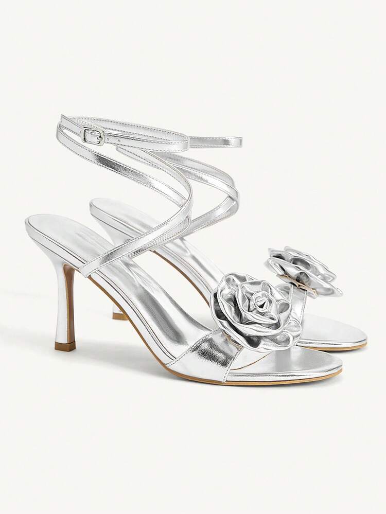 CUCCOO CHICEST Silver Metal Rose Decor Strap Ankle Strap Sandals, Elegant & Fashionable For Formal Occasions, Round Toe High Heels