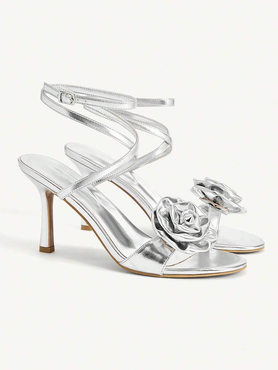 CUCCOO CHICEST 银色金属玫瑰装饰带踝带凉鞋，优雅时尚，适合正式场合，圆头高跟鞋 - 銀色 - 查看 1