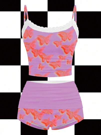 Shutterstock Multicolor Butterfly Dreamy Frutiger Aero Pixel Tech Aesthetic Y2K 2000s Street Chic Lace Patchwork 2pcs Set, Suitable For Autumn/Winter Parties, Gatherings, And Daily Wear
