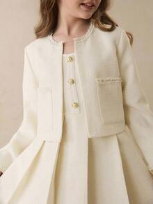 Tween Girl 优雅时尚高贵圆领长袖短款粗花呢夹克搭配圆领无袖高腰短裙套装，适合秋冬季返校、毕业、正式场合、万圣节、圣诞节活动 - 米色 - 查看 5