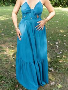 Melissa Matos 女士浪漫橙色海滩度假 V 领褶皱露背 A 字形吊带长裙，适合春夏夏威夷 - 水鴨藍 - 查看 3